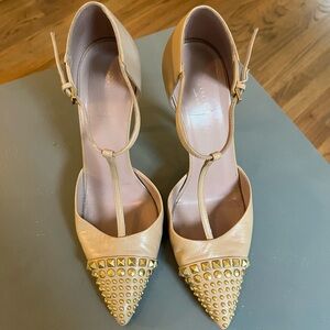 Gucci Coline Tan T strap Leather gold studded heel size 38 buckle work